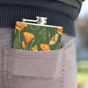 California poppies and moths on dark green flask