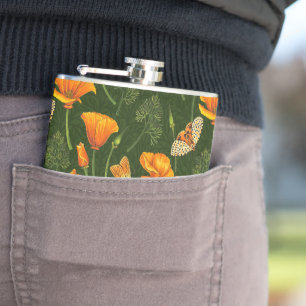 California poppies and moths on dark green flask