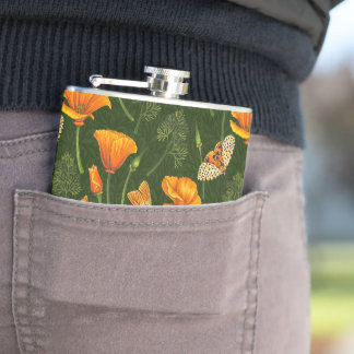 California poppies and moths on dark green flask