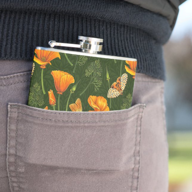 California poppies and moths on dark green flask (In Situ)