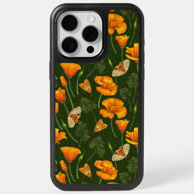 California poppies and moths on dark green iPhone 15 pro max case (Back)