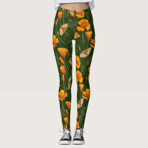 California poppies and moths on dark green leggings