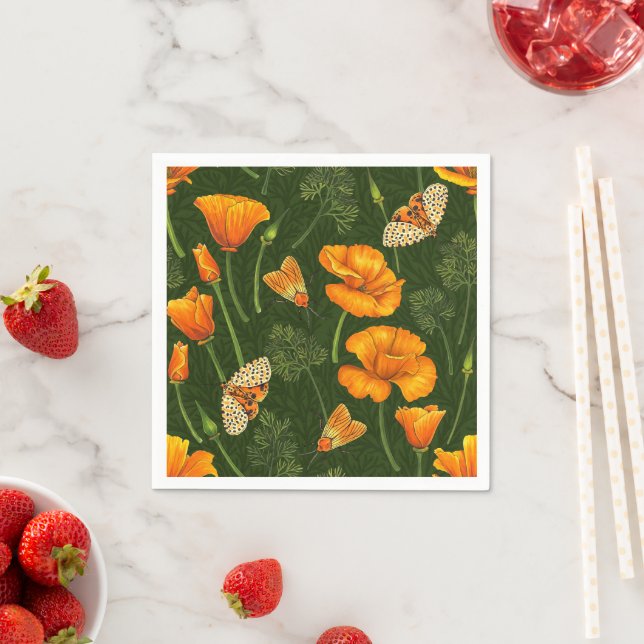 California poppies and moths on dark green napkins (Insitu)