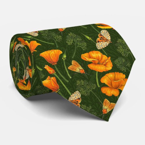 California poppies and moths on dark green neck tie