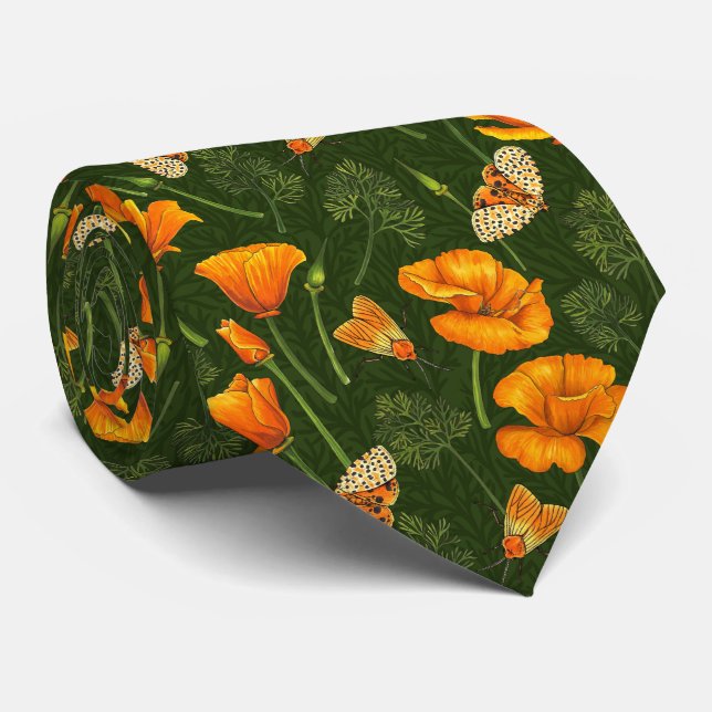 California poppies and moths on dark green neck tie (Rolled)