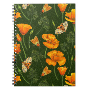 California poppies and moths on dark green notebook