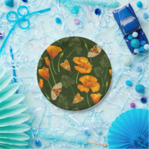 California poppies and moths on dark green paper plates