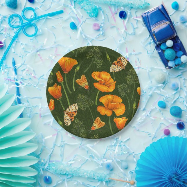California poppies and moths on dark green paper plates (Party)