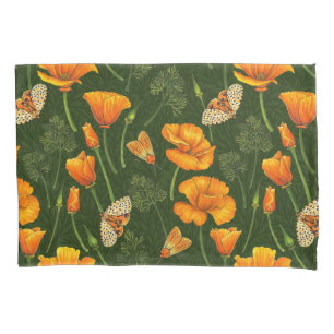 California poppies and moths on dark green pillow case