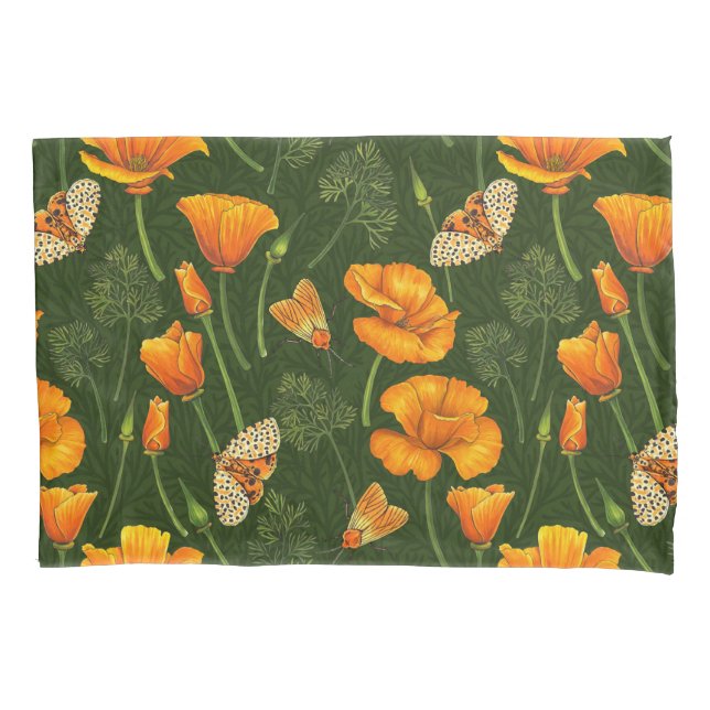 California poppies and moths on dark green pillow case (Front-Left)