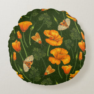 California poppies and moths on dark green round pillow