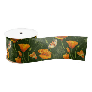 California poppies and moths on dark green satin ribbon