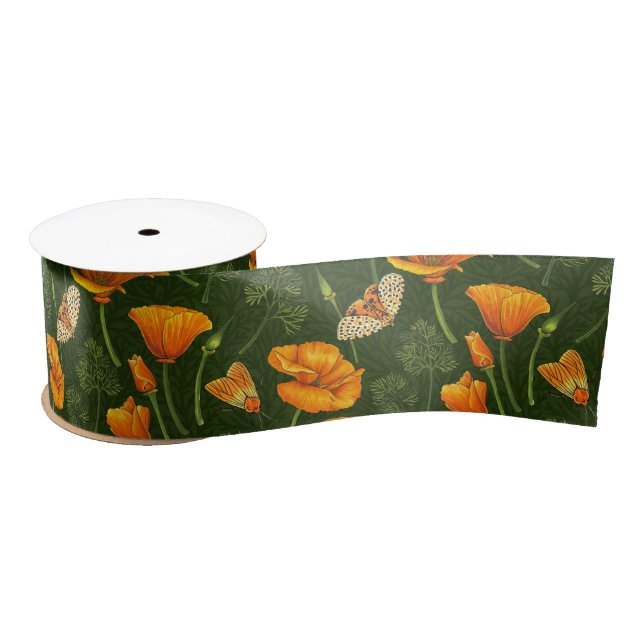 California poppies and moths on dark green satin ribbon (Spool)
