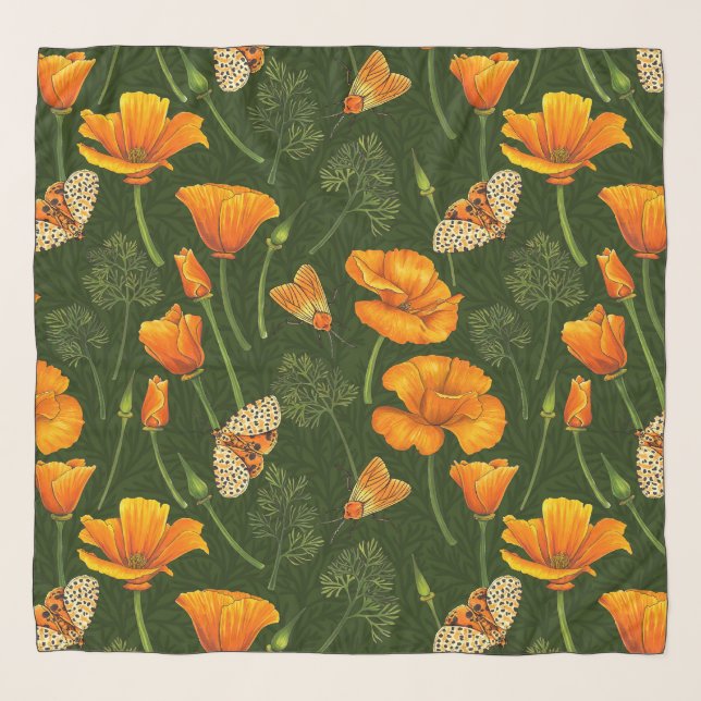 California poppies and moths on dark green scarf (Front)