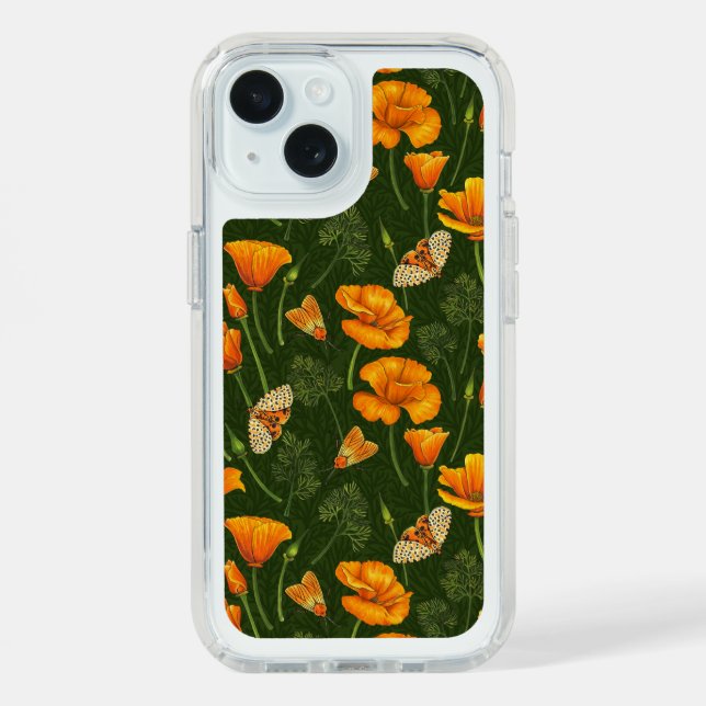 California poppies and moths on dark green speck iPhone case (Front (Blue))