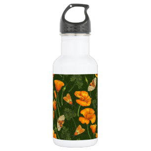 California poppies and moths on dark green stainless steel water bottle