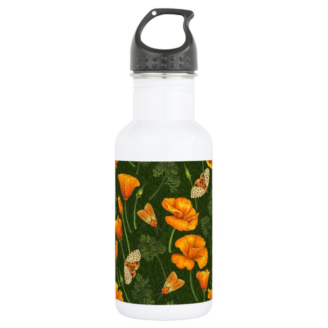 California poppies and moths on dark green stainless steel water bottle (Front)