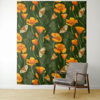 California poppies and moths on dark green