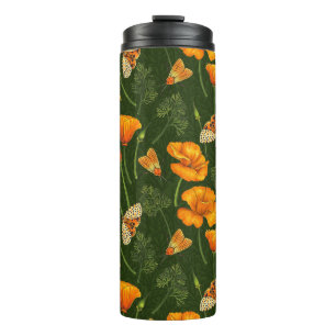 California poppies and moths on dark green thermal tumbler