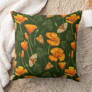 California poppies and moths on dark green throw pillow