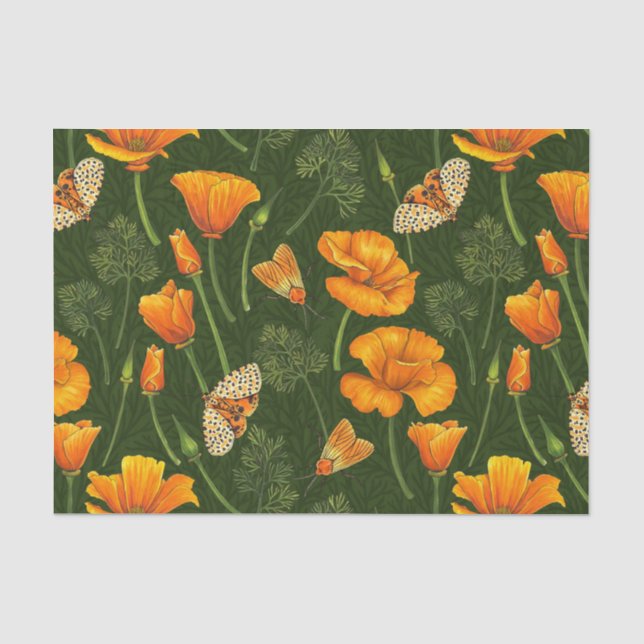 California poppies and moths on dark green tissue paper (Front)