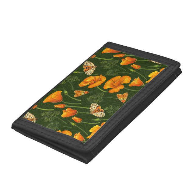 California poppies and moths on dark green trifold wallet (Bottom)