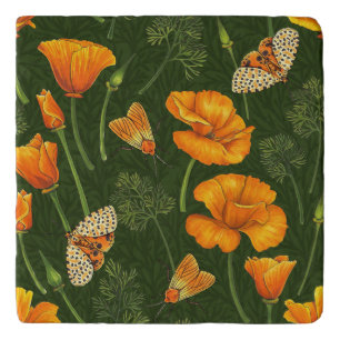 California poppies and moths on dark green trivet
