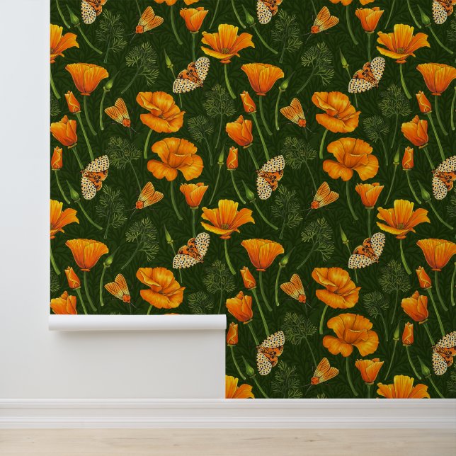 California poppies and moths on dark green wallpaper  (Application)