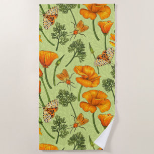 California poppies and moths on honey dew beach towel