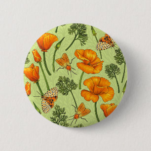California poppies and moths on honey dew button