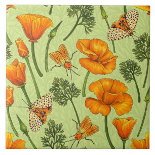 California poppies and moths on honey dew ceramic tile
