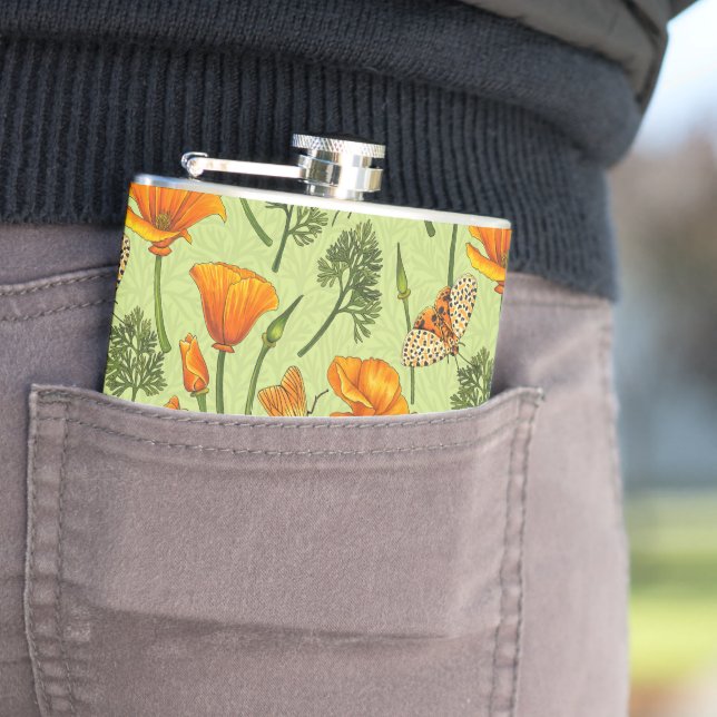 California poppies and moths on honey dew flask (In Situ)