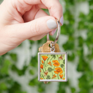 California poppies and moths on honey dew keychain