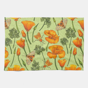 California poppies and moths on honey dew kitchen towel