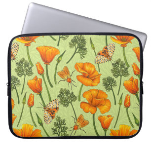 California poppies and moths on honey dew laptop sleeve