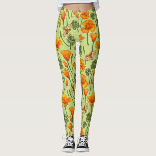 California poppies and moths on honey dew leggings