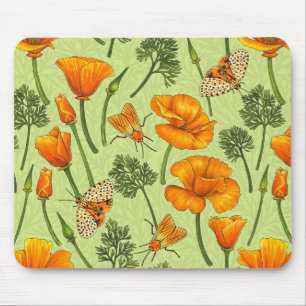 California poppies and moths on honey dew mouse pad