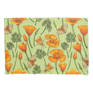 California poppies and moths on honey dew pillow case