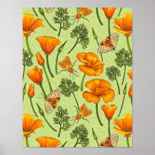 California poppies and moths on honey dew poster