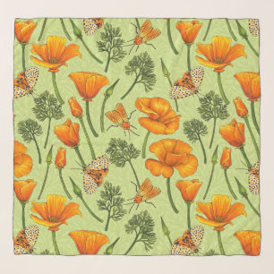 California poppies and moths on honey dew scarf