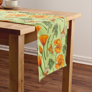 California poppies and moths on honey dew short table runner