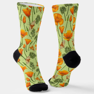 California poppies and moths on honey dew socks