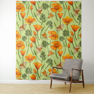 California poppies and moths on honey dew tapestry