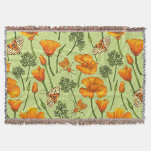 California poppies and moths on honey dew throw blanket