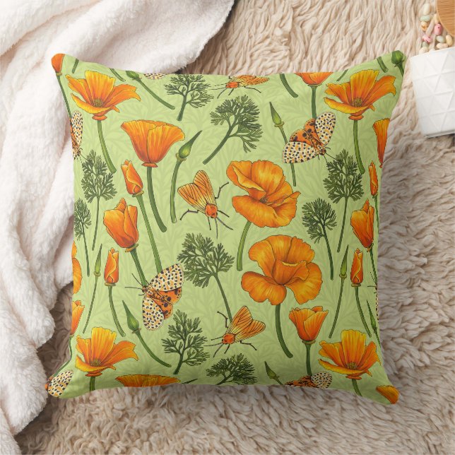 California poppies and moths on honey dew throw pillow (Blanket)