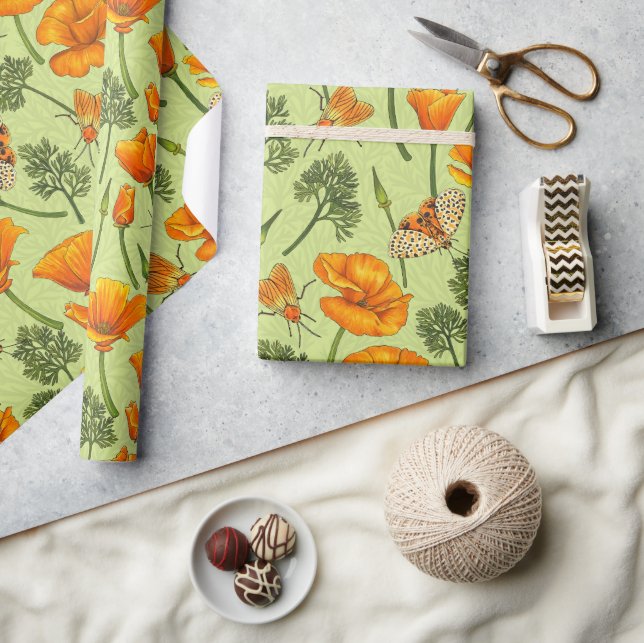 California poppies and moths on honey dew wrapping paper (Crafts)