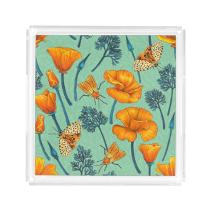 California poppies and moths on jade acrylic tray
