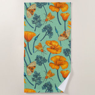 California poppies and moths on jade beach towel