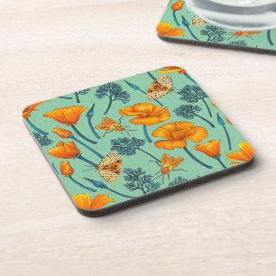 California poppies and moths on jade beverage coaster