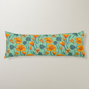California poppies and moths on jade body pillow